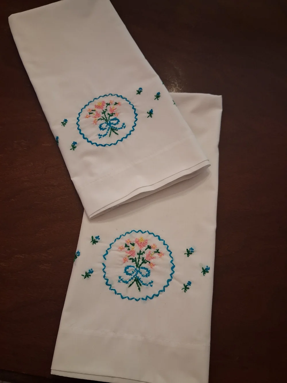 Vintage White Embroidered Pillowcases with Turquoise Flowers